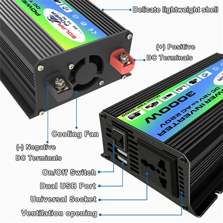 Tang I Generation 12V to 220V 3000W Modified Square Wave Intelligent Car Power Inverter with Dual USB(Black)
