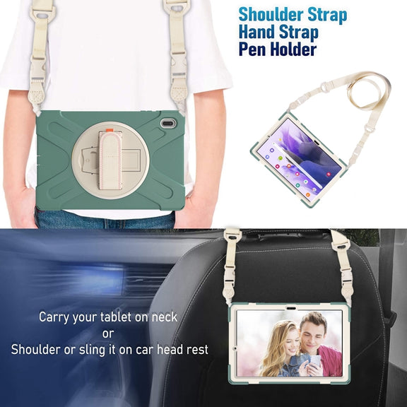 For Samsung Galaxy Tab S7 FE T730 / S7+ / S9+ /S8+ Silicone + PC Protective Case with Holder & Shoulder Strap(Emerald Green)