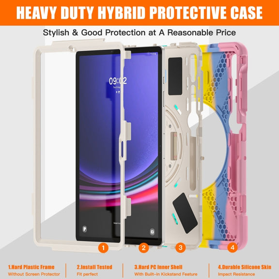 For Samsung Galaxy Tab S7 FE T730 / S7+ / S9+ /S8+ Silicone + PC Protective Case with Holder & Shoulder Strap(Colorful Pink)