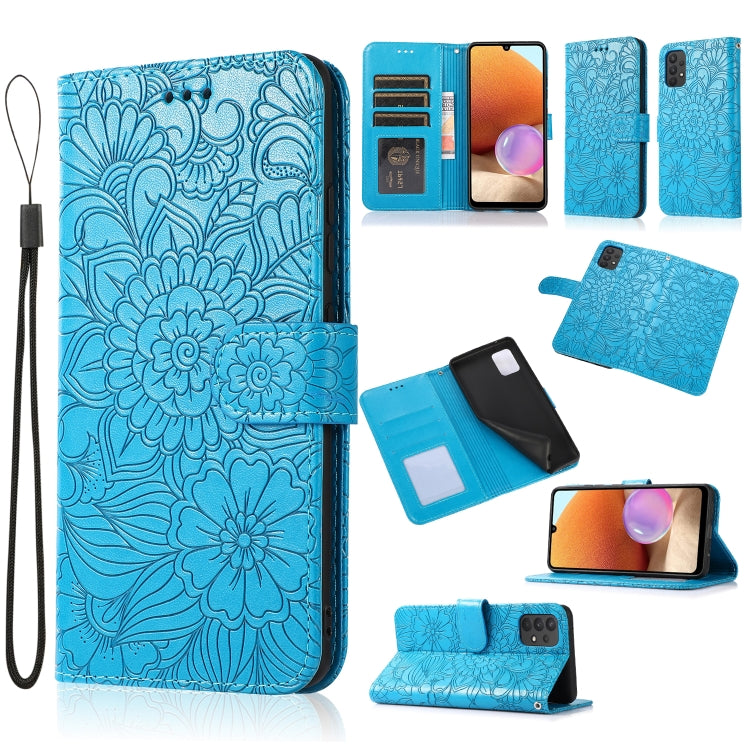 For Samsung Galaxy A32 4G Skin Feel Embossed Sunflower Horizontal Flip Leather Case with Holder & Card Slots & Wallet & Lanyard(Blue) - Galaxy Phone Cases by PMC TechLife | Online Shopping South Africa | PMC TechLife