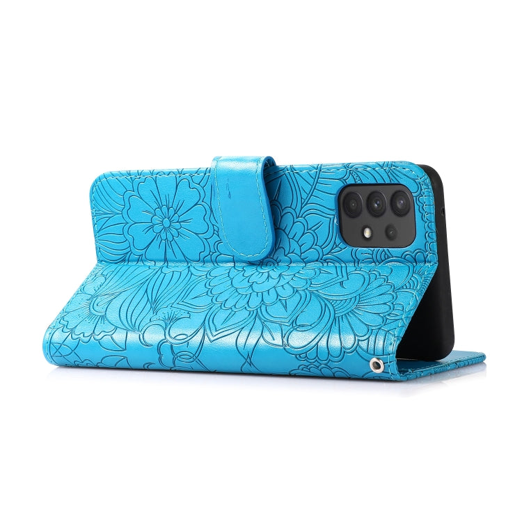 For Samsung Galaxy A32 4G Skin Feel Embossed Sunflower Horizontal Flip Leather Case with Holder & Card Slots & Wallet & Lanyard(Blue) - Galaxy Phone Cases by PMC TechLife | Online Shopping South Africa | PMC TechLife