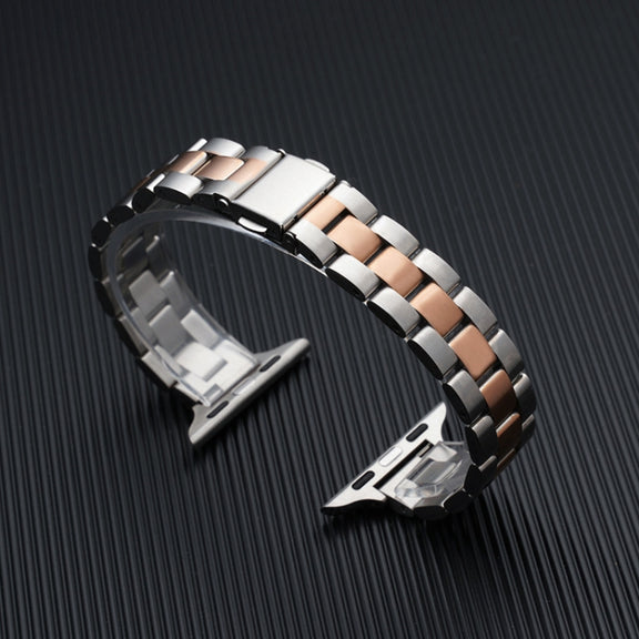 Three-beads Steel Watch Band For Apple Watch Series 9&8&7 41mm / SE 3&SE 2&6&SE&5&4 40mm / 3&2&1 38mm (Silver+Rose Gold)