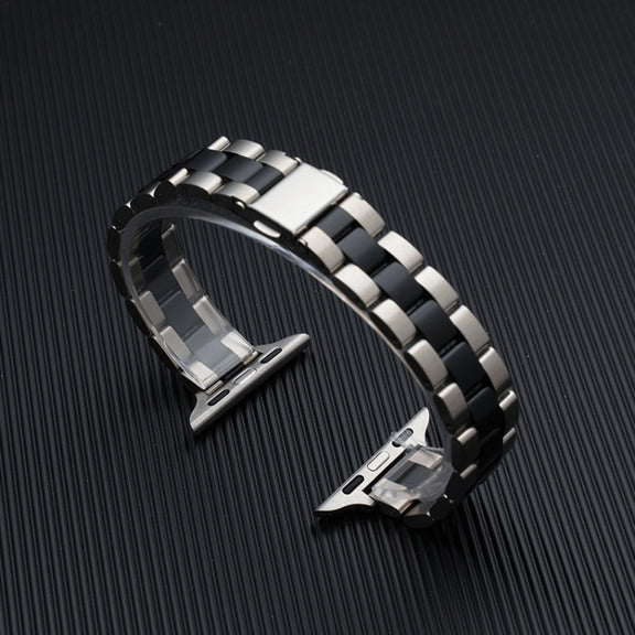 Three-beads Steel Watch Band For Apple Watch Series 9&8&7 41mm / SE 3&SE 2&6&SE&5&4 40mm / 3&2&1 38mm (Silver Black)