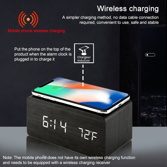 KD8801 5W Wooden Creative Wireless Charger LED Mirror Digital Display Sub-alarm Clock, Regular Style(Bamboo White Characters)