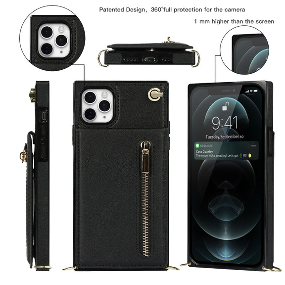 For iPhone 11 Pro Max Cross-body Zipper Square TPU+PU Back Cover Case with Holder & Card Slots & Wallet & Strap (Black)