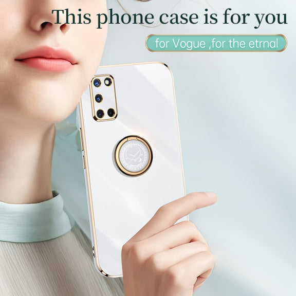 For OPPO A52 XINLI Straight 6D Plating Gold Edge TPU Shockproof Case with Ring Holder(Mint Green)
