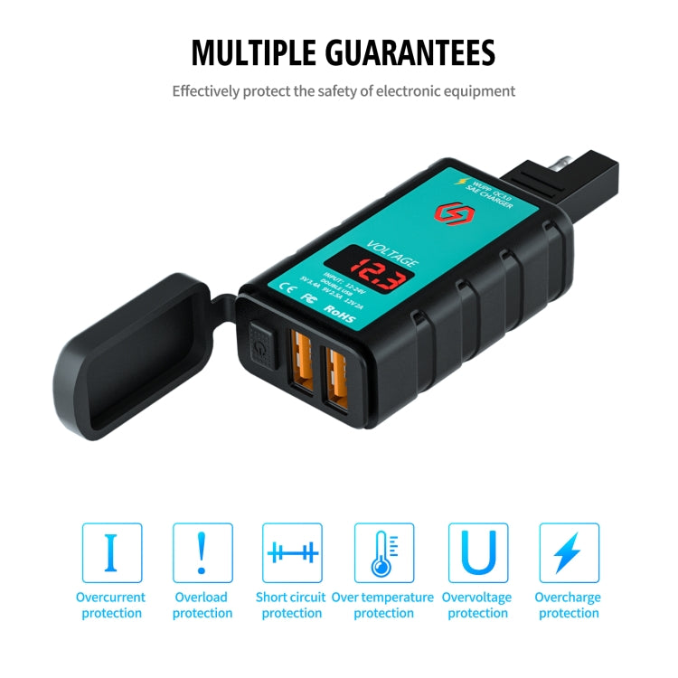 WUPP ZH-1422A3 DC12-24V Motorcycle Square Dual USB Fast Charging Charger with Switch + Voltmeter + Integrated SAE Socket + 1.4m OT Terminal Cable - Battery Charger by WUPP | Online Shopping South Africa | PMC TechLife | Buy Now Pay Later Mobicred