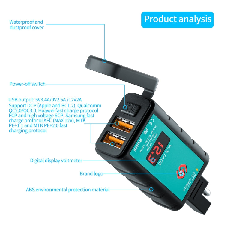 WUPP ZH-1422A3 DC12-24V Motorcycle Square Dual USB Fast Charging Charger with Switch + Voltmeter + Integrated SAE Socket + 1.4m OT Terminal Cable - Battery Charger by WUPP | Online Shopping South Africa | PMC TechLife | Buy Now Pay Later Mobicred