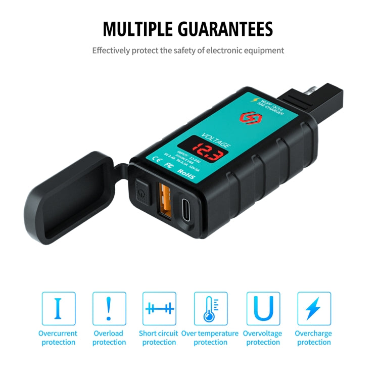 WUPP ZH-1422B1 DC12-24V Motorcycle Square Single USB + PD Fast Charging Charger with Switch + Voltmeter + Integrated SAE Socket - free shipping - PMC TechLife - Order now!