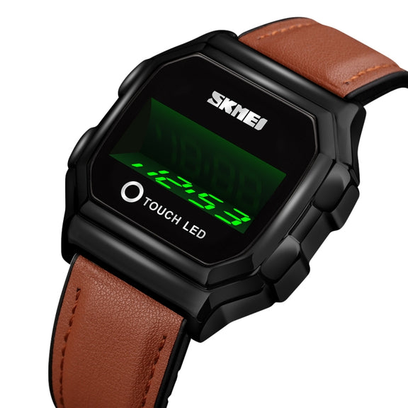 SKMEI 1650 Leather Strap Version LED Digital Display Electronic Watch with Touch Luminous Button(Black Shell Brown Belt)