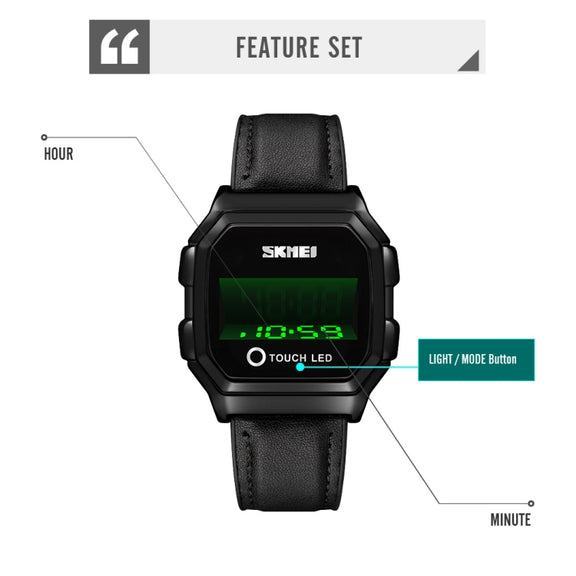 SKMEI 1650 Leather Strap Version LED Digital Display Electronic Watch with Touch Luminous Button(Gold)