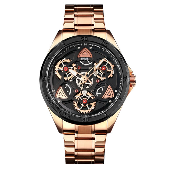 SKMEI 1678 Men Water-resistant Quartz Watch with Rotatable Gear Dial(Rose Gold Shell Black Surface)
