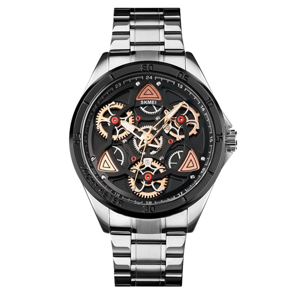 SKMEI 1678 Men Water-resistant Quartz Watch with Rotatable Gear Dial(Silver Shell Black Surface)