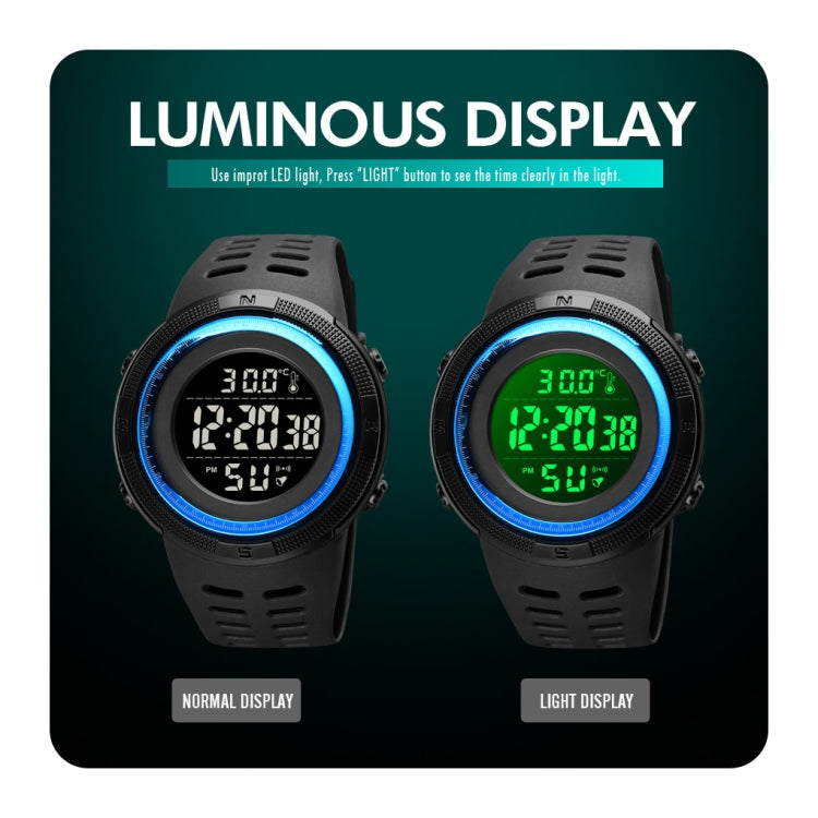 SKMEI 1681 Multifunctional LED Digital Display Luminous Electronic Watch, Support Body / Ambient Temperature Measurement(Blue Black) - free shipping - PMC TechLife - Order now!