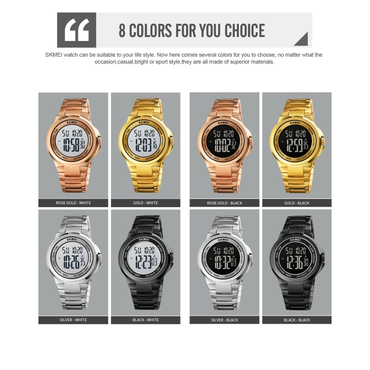 SKMEI 1712 Dual Time LED Digital Display Luminous Stainless Steel Strap Electronic Watch(Gold and White)