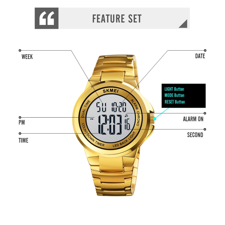 SKMEI 1712 Dual Time LED Digital Display Luminous Stainless Steel Strap Electronic Watch(Gold and White)