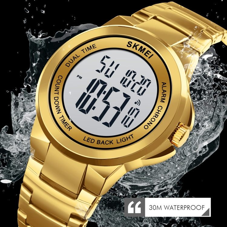 SKMEI 1712 Dual Time LED Digital Display Luminous Stainless Steel Strap Electronic Watch(Gold and White)