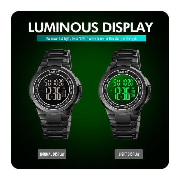 SKMEI 1712 Dual Time LED Digital Display Luminous Stainless Steel Strap Electronic Watch(Silver and White)