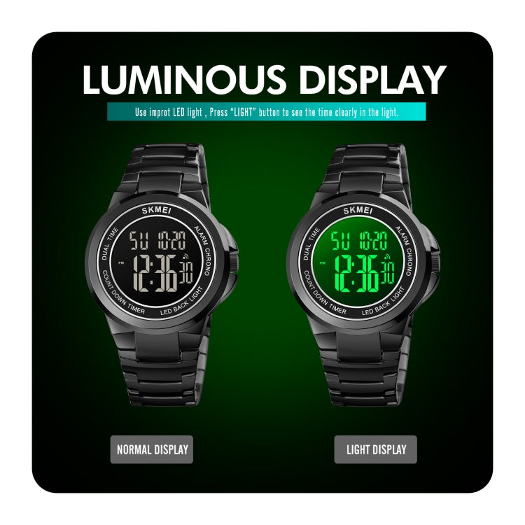 SKMEI 1712 Dual Time LED Digital Display Luminous Stainless Steel Strap Electronic Watch(Silver and White)
