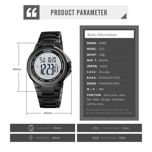 SKMEI 1712 Dual Time LED Digital Display Luminous Stainless Steel Strap Electronic Watch(Silver and Black)