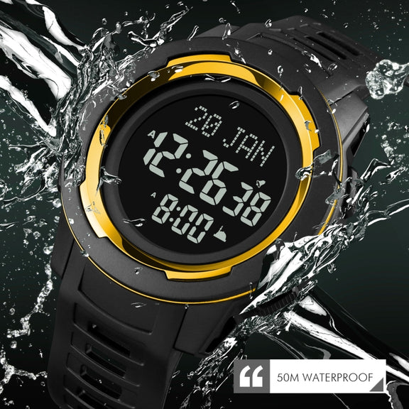 SKMEI 1729 Qibla Calendar Timing Multifunctional LED Digital Display Luminous Electronic Watch(Gold and White)
