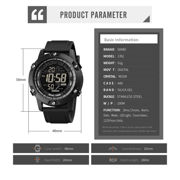 SKMEI 1762 Triplicate Round LED Dual Time Digital Display Water-resistant Luminous Electronic Watch(Black)