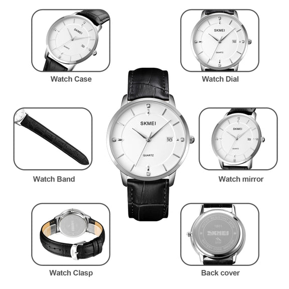 SKMEI 1801 Men Casual Calendar Quartz Watch(Silver White Brown)