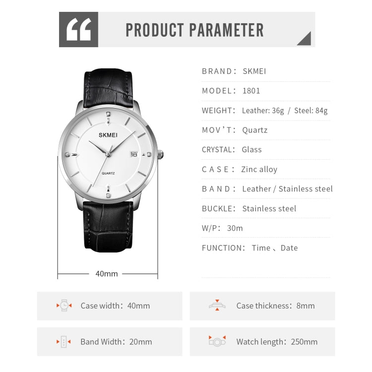 SKMEI 1801 Men Casual Calendar Quartz Watch(Black Steel Belt)