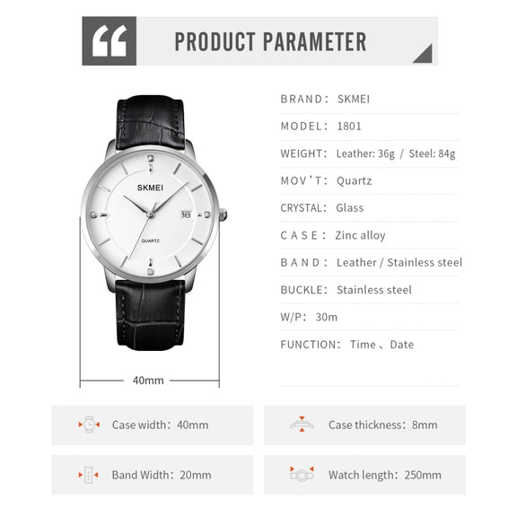 SKMEI 1801 Men Casual Calendar Quartz Watch(Silver White Black)