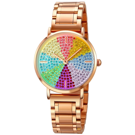 SKMEI 1811 Eight Color Diamond Round Dial Quartz Watch for Ladies(Rose Gold Steel Belt)