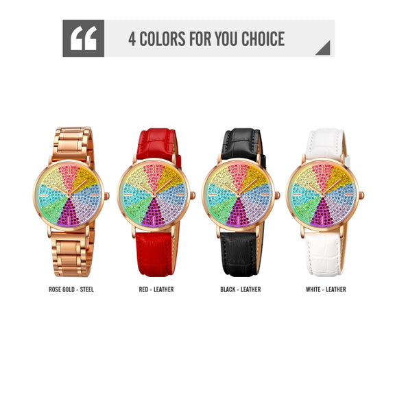 SKMEI 1811 Eight Color Diamond Round Dial Quartz Watch for Ladies(Red Leather Belt)