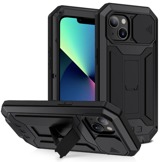 For iPhone 13 mini R-JUST Sliding Camera Shockproof Life Waterproof Dust-proof Metal + Silicone Protective Case with Holder (Black) - free shipping - PMC Jewellery - Order now!