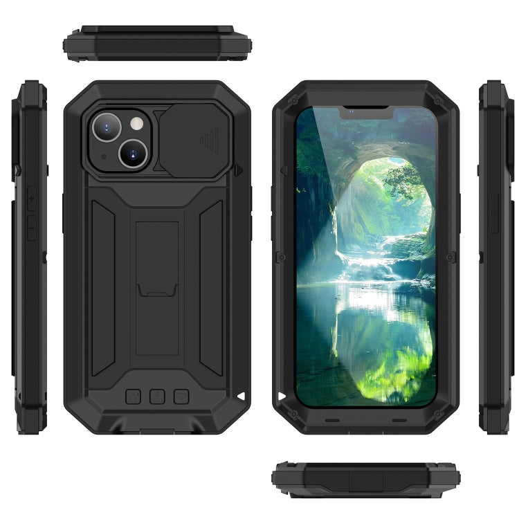 For iPhone 13 mini R-JUST Sliding Camera Shockproof Life Waterproof Dust-proof Metal + Silicone Protective Case with Holder (Black) - free shipping - PMC Jewellery - Order now!