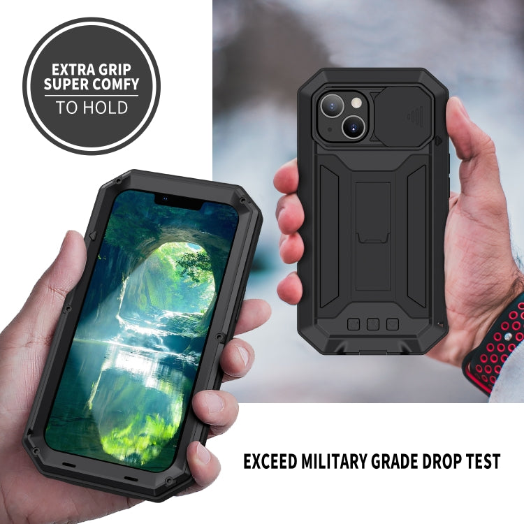 For iPhone 13 mini R-JUST Sliding Camera Shockproof Life Waterproof Dust-proof Metal + Silicone Protective Case with Holder (Black) - free shipping - PMC Jewellery - Order now!