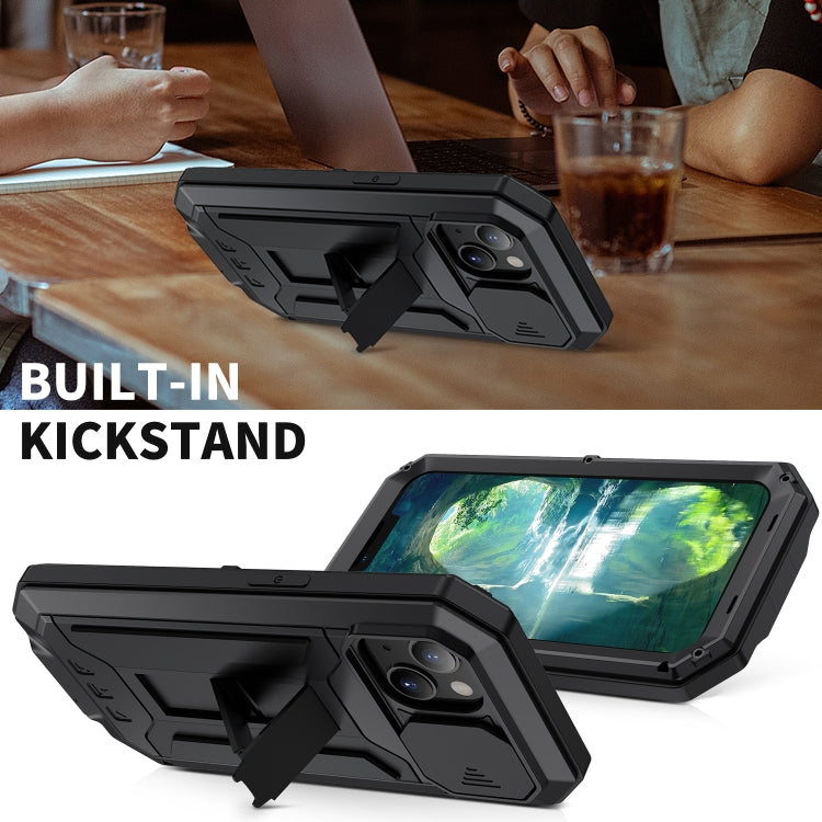 For iPhone 13 mini R-JUST Sliding Camera Shockproof Life Waterproof Dust-proof Metal + Silicone Protective Case with Holder (Black) - free shipping - PMC Jewellery - Order now!
