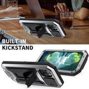 For iPhone 13 mini R-JUST Sliding Camera Shockproof Life Water-resistant Dust-proof Metal + Silicone Protective Case with Holder (Silver)