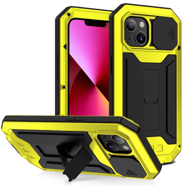 For iPhone 13 R-JUST Sliding Camera Shockproof Life Waterproof Dust-proof Metal + Silicone Protective Case with Holder(Yellow) - iPhone 13 Cases by R-JUST | Online Shopping South Africa | PMC TechLife | Buy Now Pay Later Mobicred