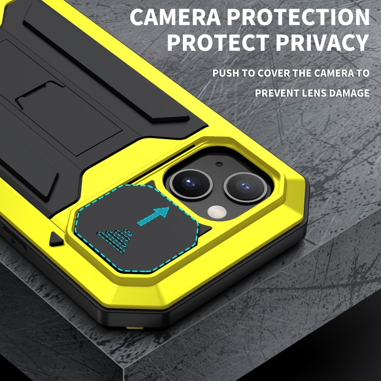 For iPhone 13 R-JUST Sliding Camera Shockproof Life Waterproof Dust-proof Metal + Silicone Protective Case with Holder(Yellow) - iPhone 13 Cases by R-JUST | Online Shopping South Africa | PMC TechLife | Buy Now Pay Later Mobicred
