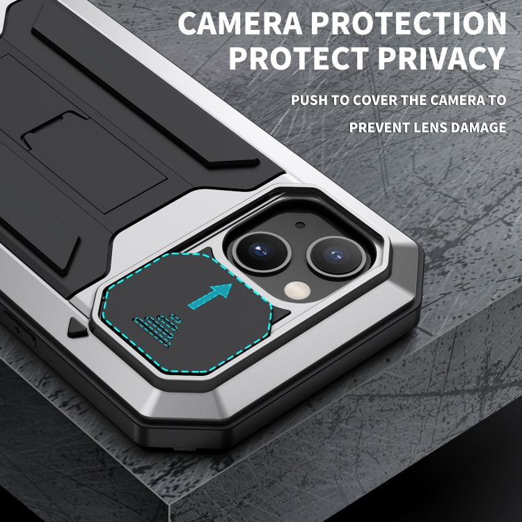 For iPhone 13 R-JUST Sliding Camera Shockproof Life Waterproof Dust-proof Metal + Silicone Protective Case with Holder(Silver) - iPhone 13 Cases by R-JUST | Online Shopping South Africa | PMC TechLife | Buy Now Pay Later Mobicred