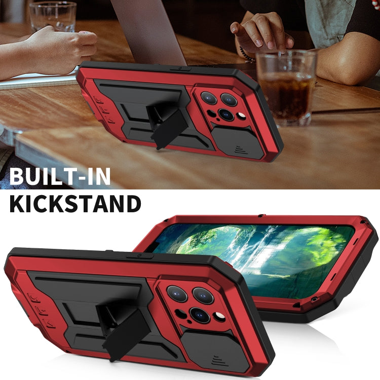 For iPhone 13 Pro R-JUST Sliding Camera Shockproof Life Waterproof Dust-proof Metal + Silicone Protective Case with Holder (Red) - iPhone 13 Pro Cases by R-JUST | Online Shopping South Africa | PMC TechLife | Buy Now Pay Later Mobicred