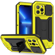 For iPhone 13 Pro R-JUST Sliding Camera Shockproof Life Water-resistant Dust-proof Metal + Silicone Protective Case with Holder (Yellow)