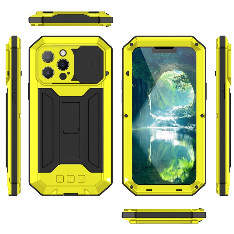 For iPhone 13 Pro R-JUST Sliding Camera Shockproof Life Water-resistant Dust-proof Metal + Silicone Protective Case with Holder (Yellow)