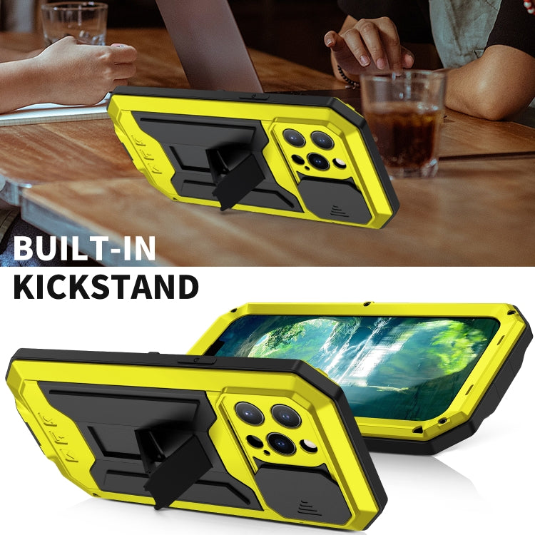 For iPhone 13 Pro R-JUST Sliding Camera Shockproof Life Waterproof Dust-proof Metal + Silicone Protective Case with Holder (Yellow) - iPhone 13 Pro Cases by R-JUST | Online Shopping South Africa | PMC TechLife | Buy Now Pay Later Mobicred