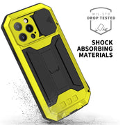For iPhone 13 Pro R-JUST Sliding Camera Shockproof Life Water-resistant Dust-proof Metal + Silicone Protective Case with Holder (Yellow)