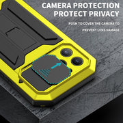 For iPhone 13 Pro R-JUST Sliding Camera Shockproof Life Water-resistant Dust-proof Metal + Silicone Protective Case with Holder (Yellow)