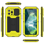 For iPhone 13 Pro Max R-JUST Sliding Camera Shockproof Life Water-resistant Dust-proof Metal + Silicone Protective Case with Holder (Yellow)