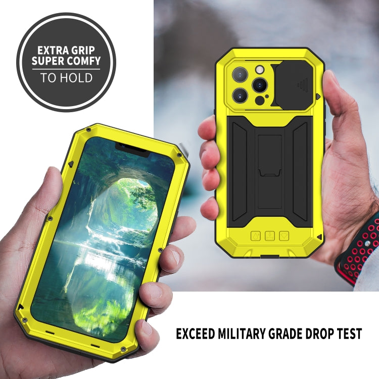 For iPhone 13 Pro Max R-JUST Sliding Camera Shockproof Life Waterproof Dust-proof Metal + Silicone Protective Case with Holder (Yellow) - free shipping - PMC TechLife - Order now!