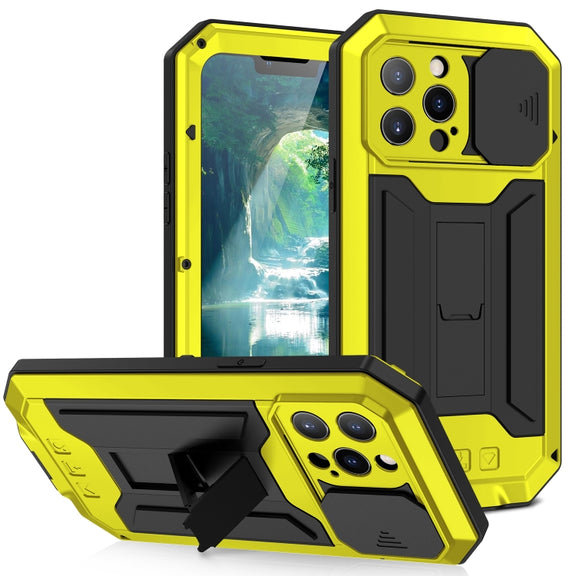 For iPhone 13 Pro Max R-JUST Sliding Camera Shockproof Life Water-resistant Dust-proof Metal + Silicone Protective Case with Holder (Yellow)