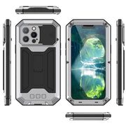 For iPhone 13 Pro Max R-JUST Sliding Camera Shockproof Life Water-resistant Dust-proof Metal + Silicone Protective Case with Holder (Silver)