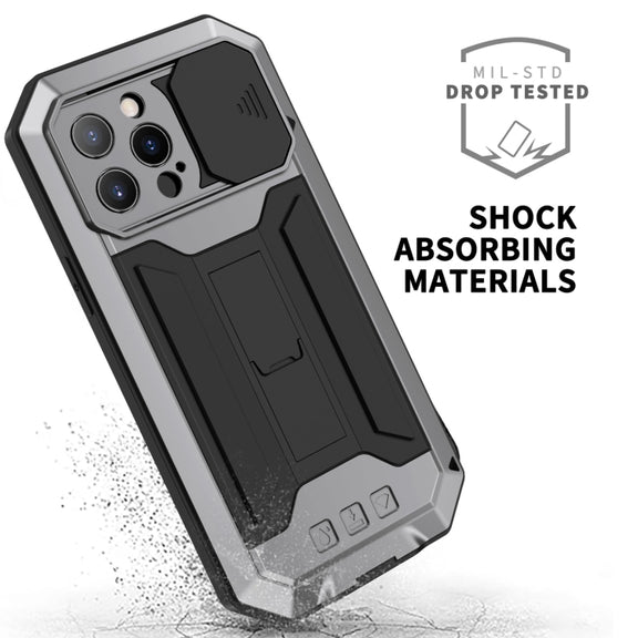 For iPhone 13 Pro Max R-JUST Sliding Camera Shockproof Life Water-resistant Dust-proof Metal + Silicone Protective Case with Holder (Silver)